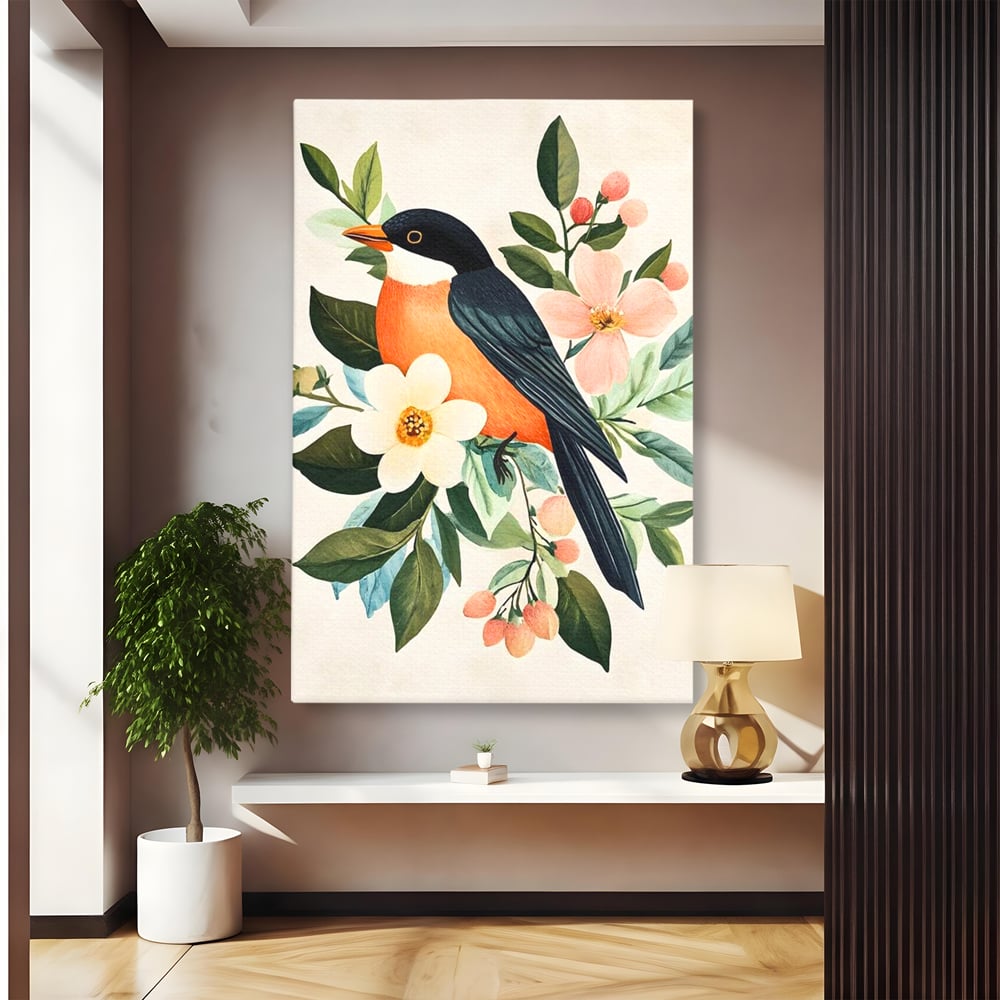 Tablou canvas cu tablou canvas cu pasare portocalie si flori, fara rama, pe sasiu de lemn