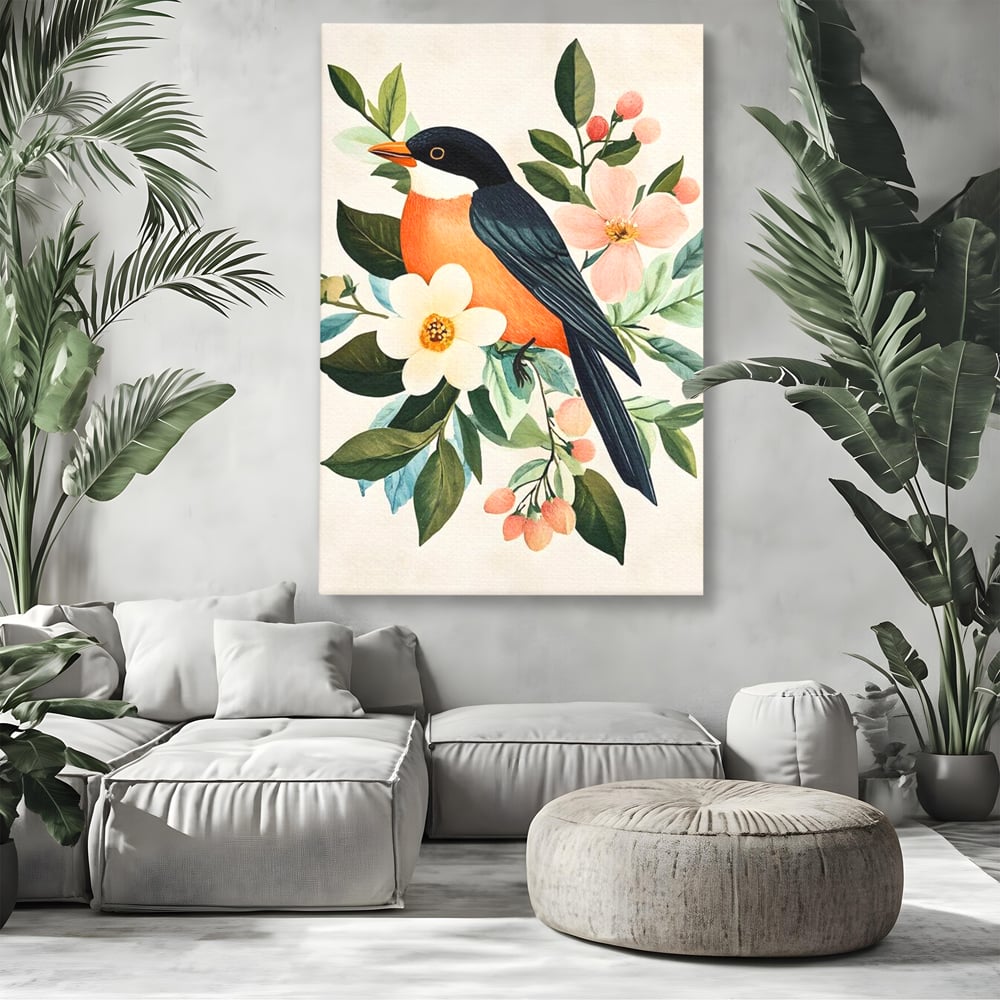 Tablou canvas cu tablou canvas cu pasare portocalie si flori, fara rama, pe sasiu de lemn, pe perete intr-un living