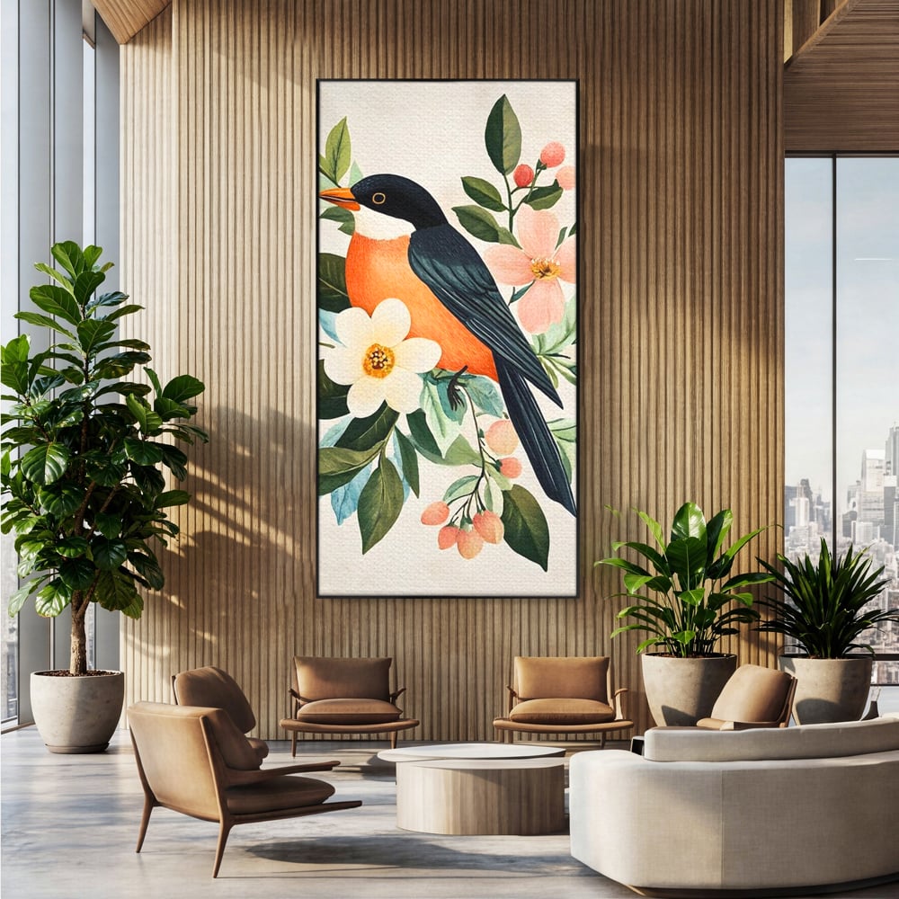 Tablou canvas cu tablou canvas cu pasare portocalie si flori, in rama de aluminiu negru, pe perete intr-un birou