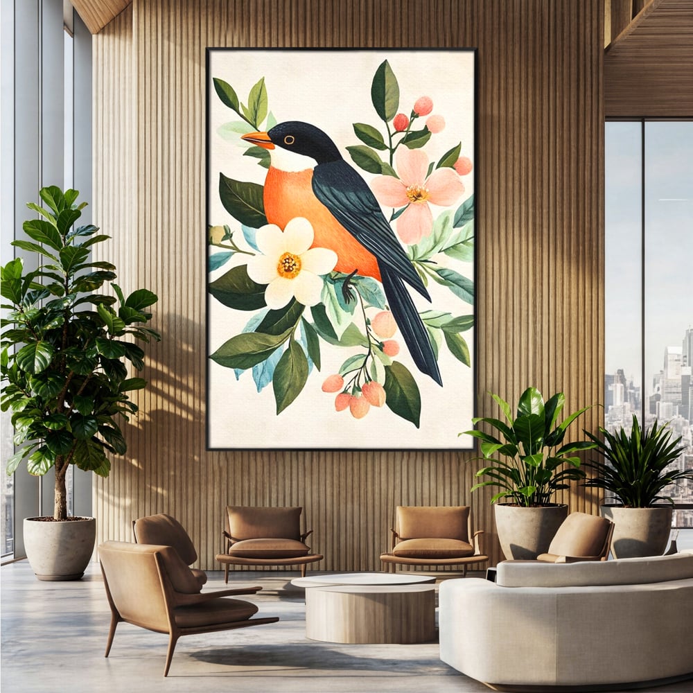 Tablou canvas cu tablou canvas cu pasare portocalie si flori, in rama de aluminiu negru, pe perete intr-un birou