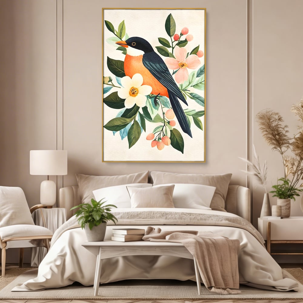 Tablou canvas cu tablou canvas cu pasare portocalie si flori, in rama de aluminiu auriu, pe perete intr-un dormitor