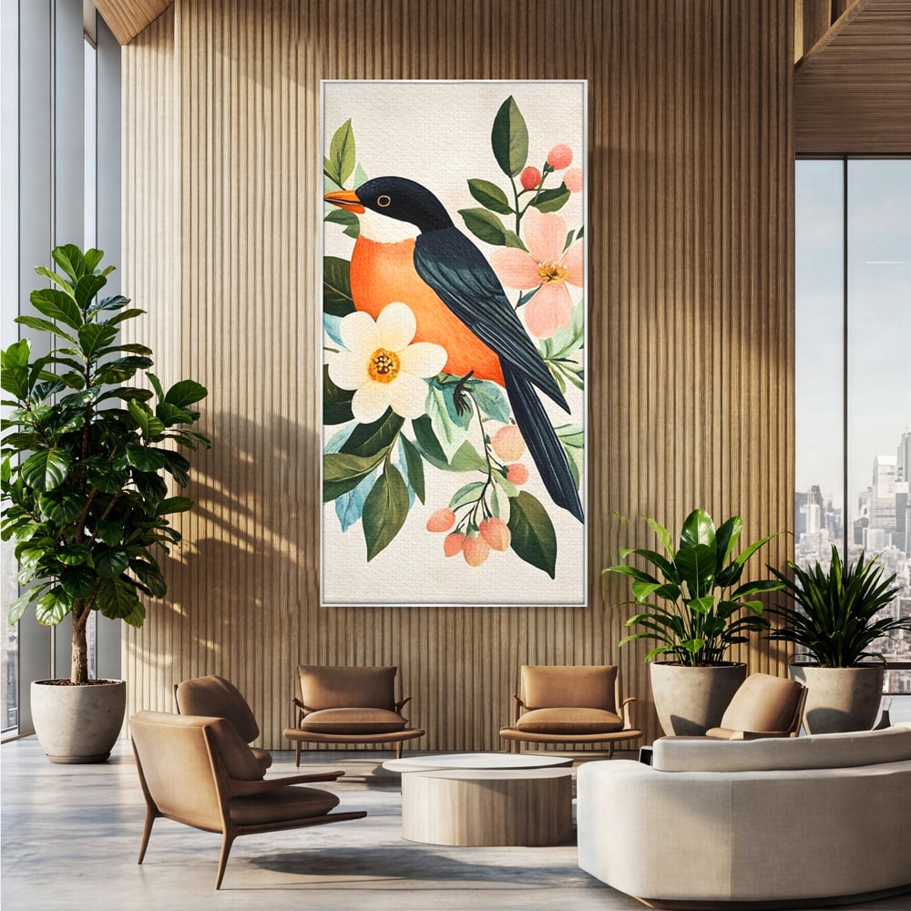 Tablou canvas cu tablou canvas cu pasare portocalie si flori, in rama de aluminiu argintiu, pe perete intr-un birou