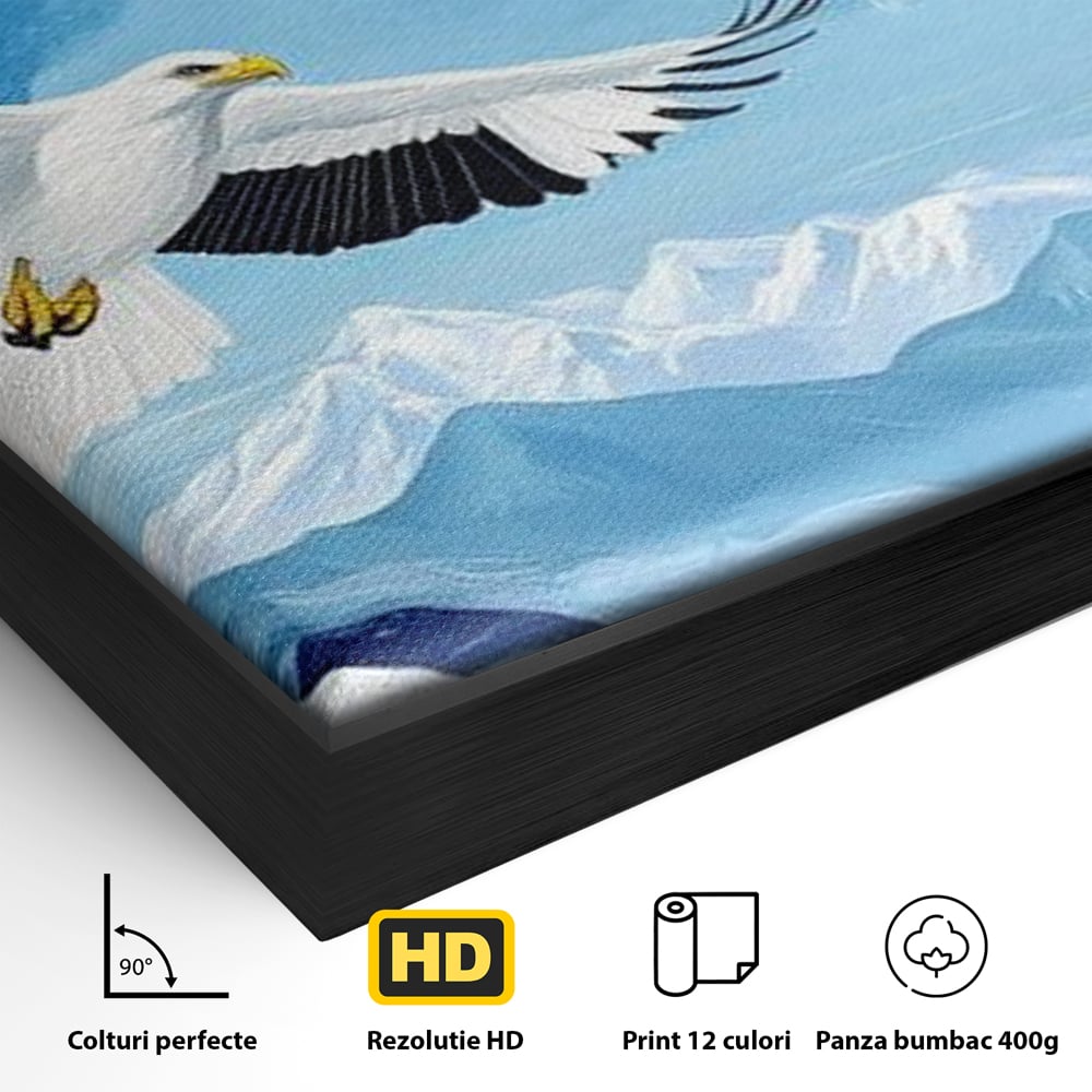 Detaliu al suprafetei: tablou canvas cu vultur in zbor peste munti, in rama de aluminiu negru