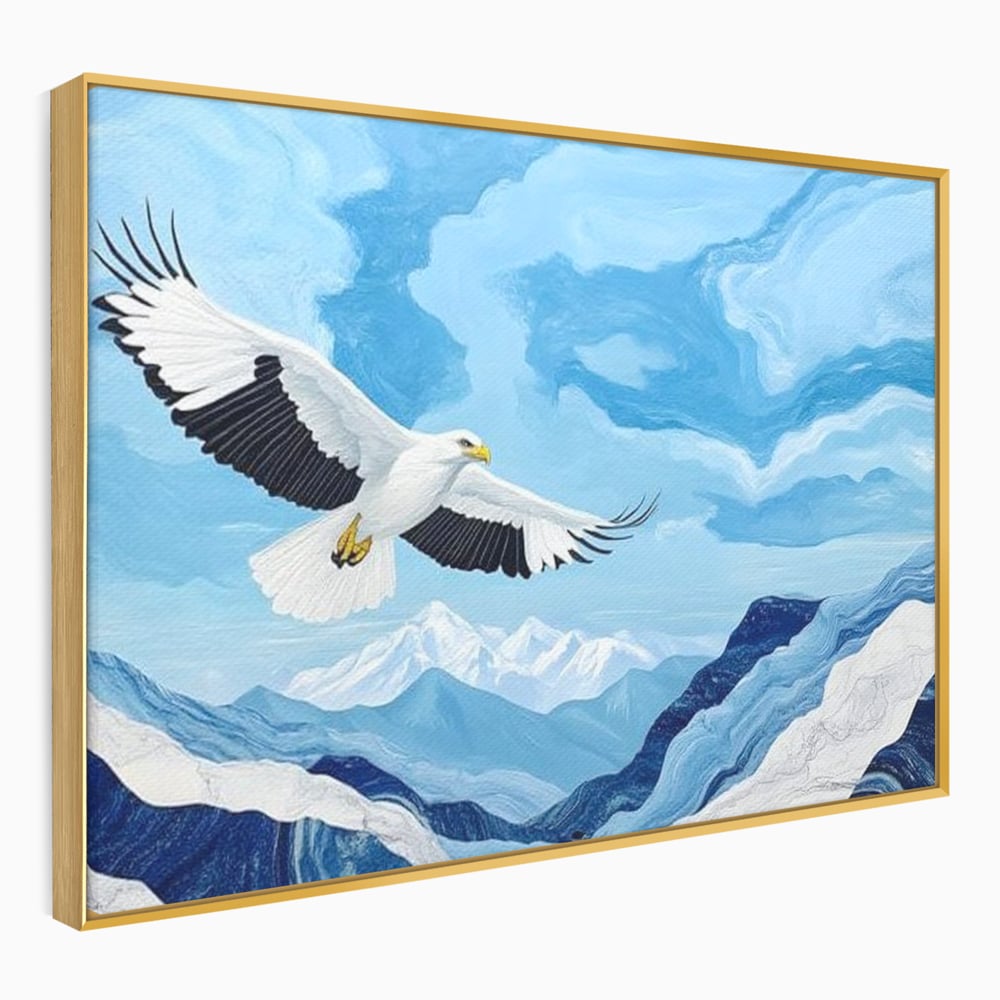Tablou canvas cu tablou canvas cu vultur in zbor peste munti, in rama de aluminiu auriu
