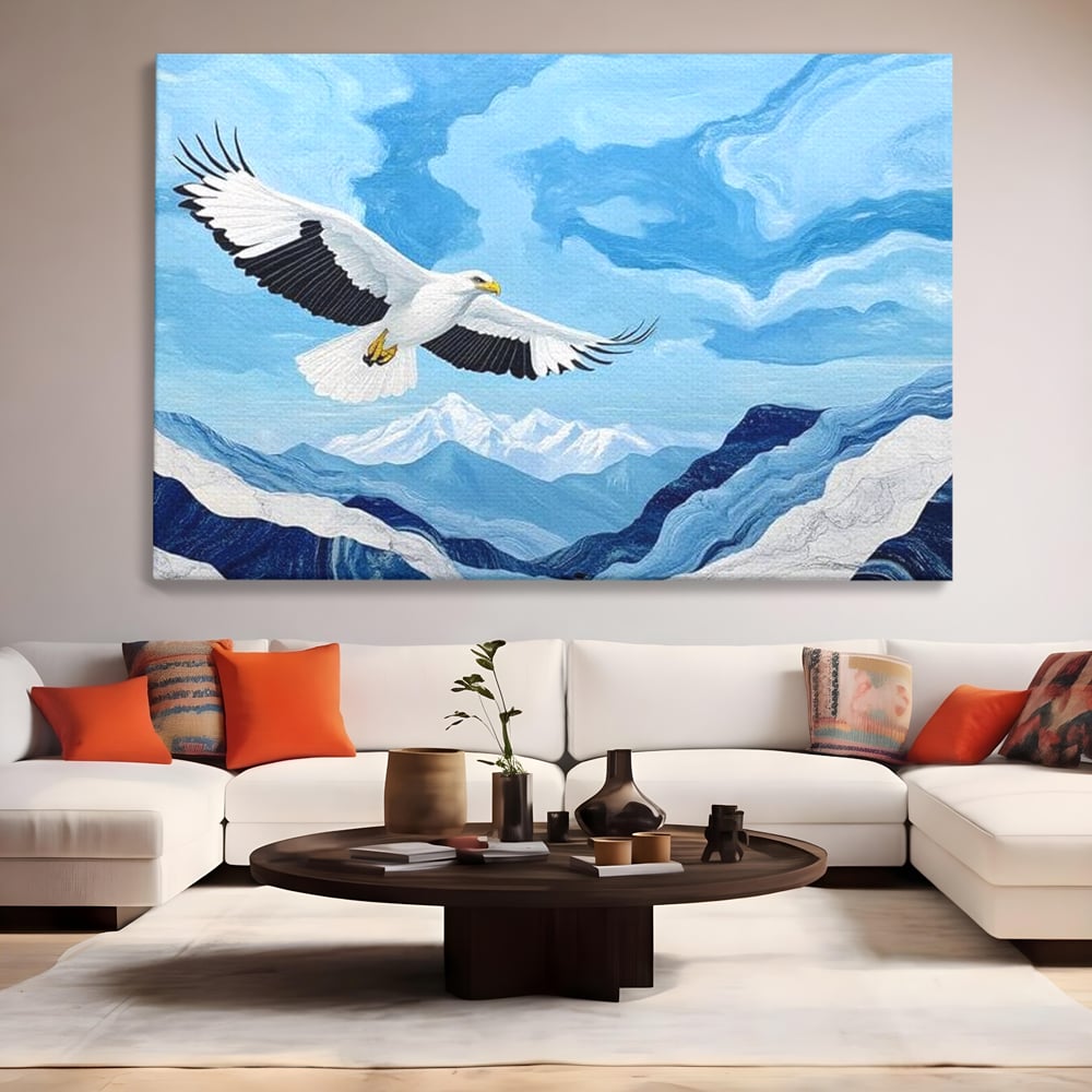 Tablou canvas cu tablou canvas cu vultur in zbor peste munti, fara rama, pe sasiu de lemn, pe perete intr-un living