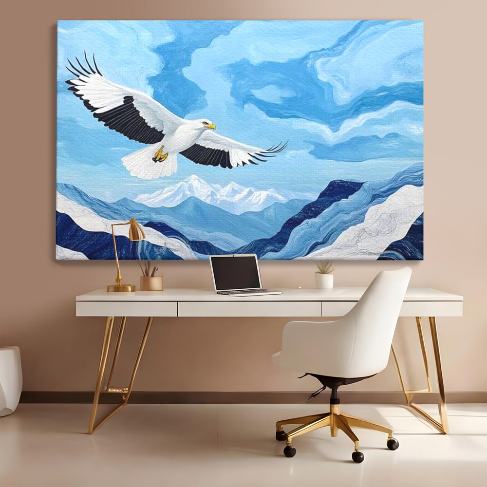 Tablou canvas cu tablou canvas cu vultur in zbor peste munti, fara rama, pe sasiu de lemn, pe perete intr-un birou