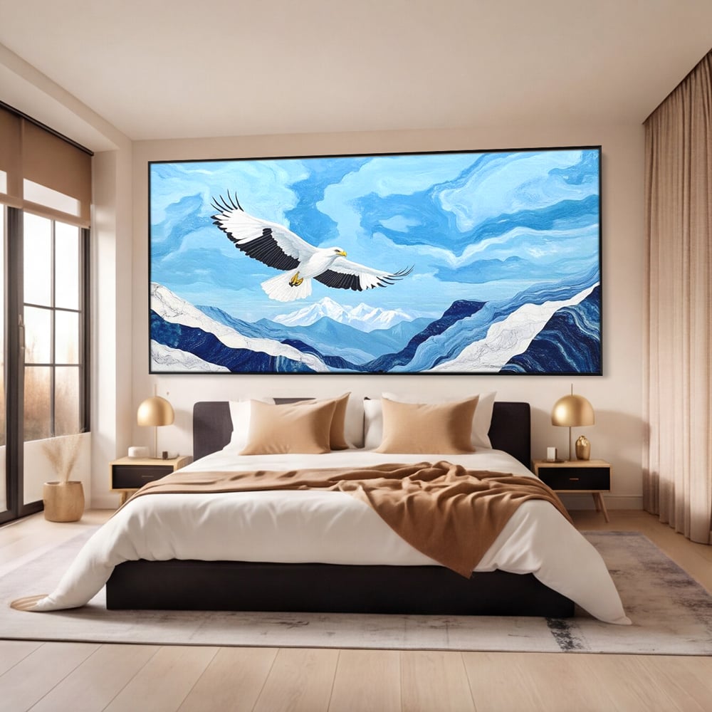 Tablou canvas cu tablou canvas cu vultur in zbor peste munti, in rama de aluminiu negru, pe perete intr-un dormitor