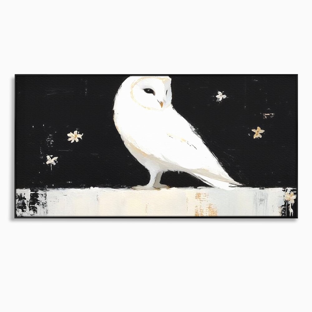Tablou canvas cu tablou canvas cu bufnita alba, in rama de aluminiu negru