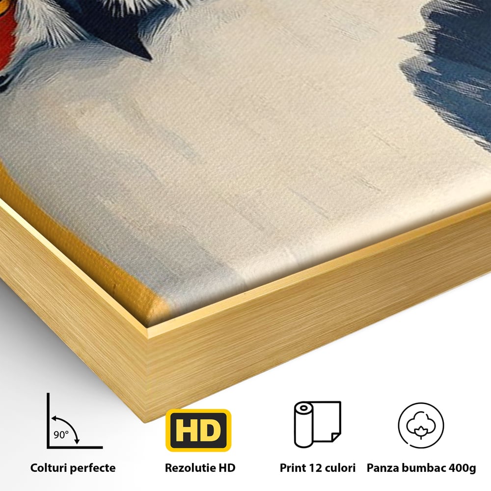 Detaliu al suprafetei: tablou canvas cu bufnita stilizata, in rama de aluminiu auriu