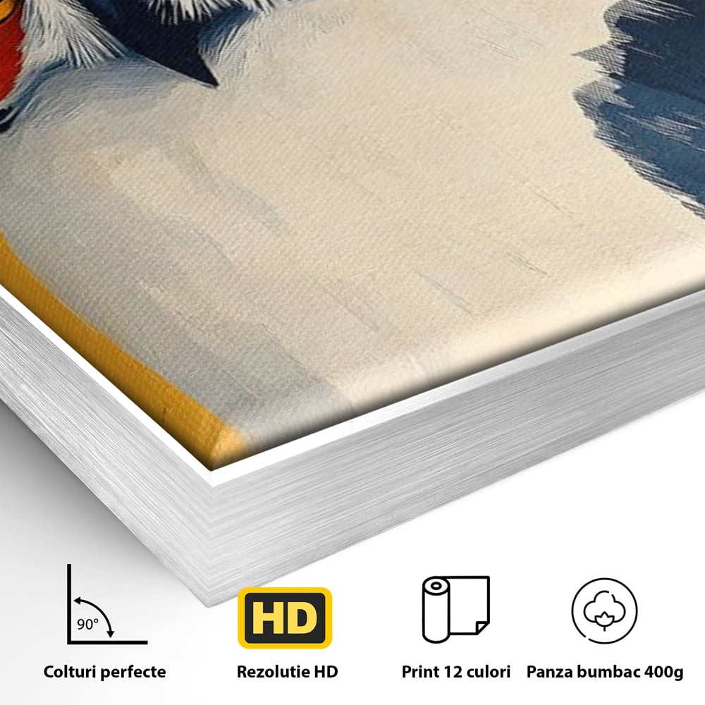 Detaliu al suprafetei: tablou canvas cu bufnita stilizata, in rama de aluminiu argintiu