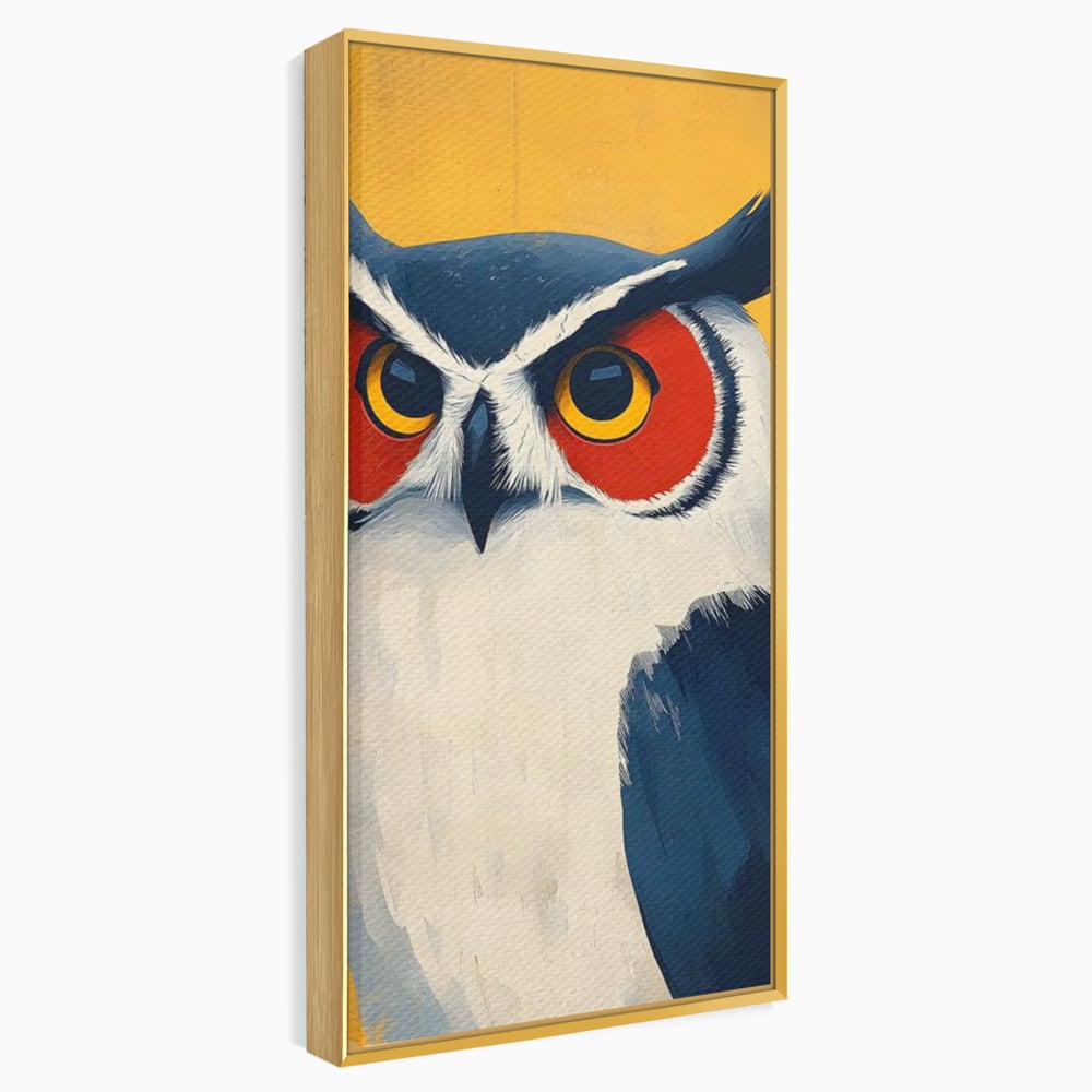 Tablou canvas cu tablou canvas cu bufnita stilizata, in rama de aluminiu auriu