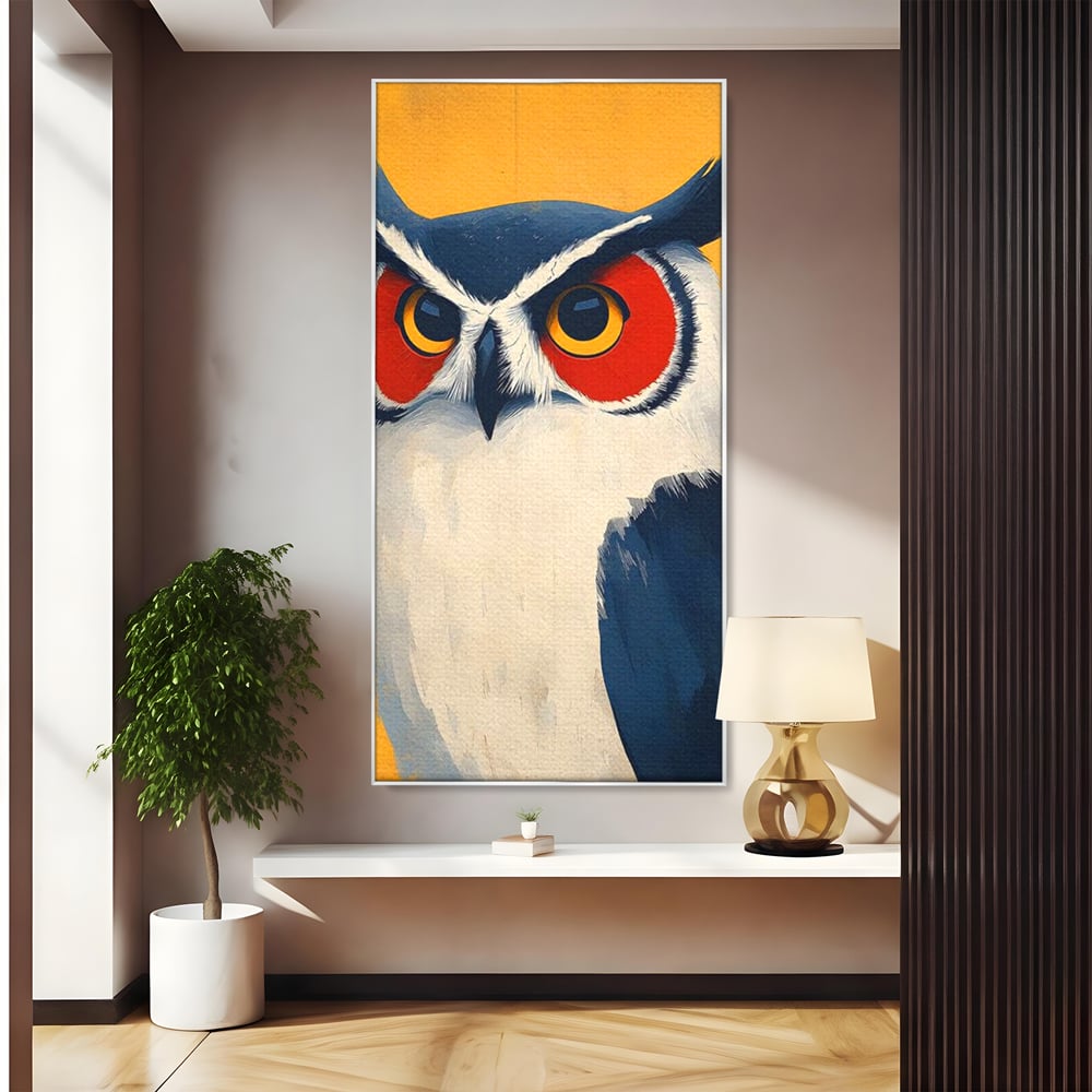 Tablou canvas cu tablou canvas cu bufnita stilizata, in rama de aluminiu argintiu