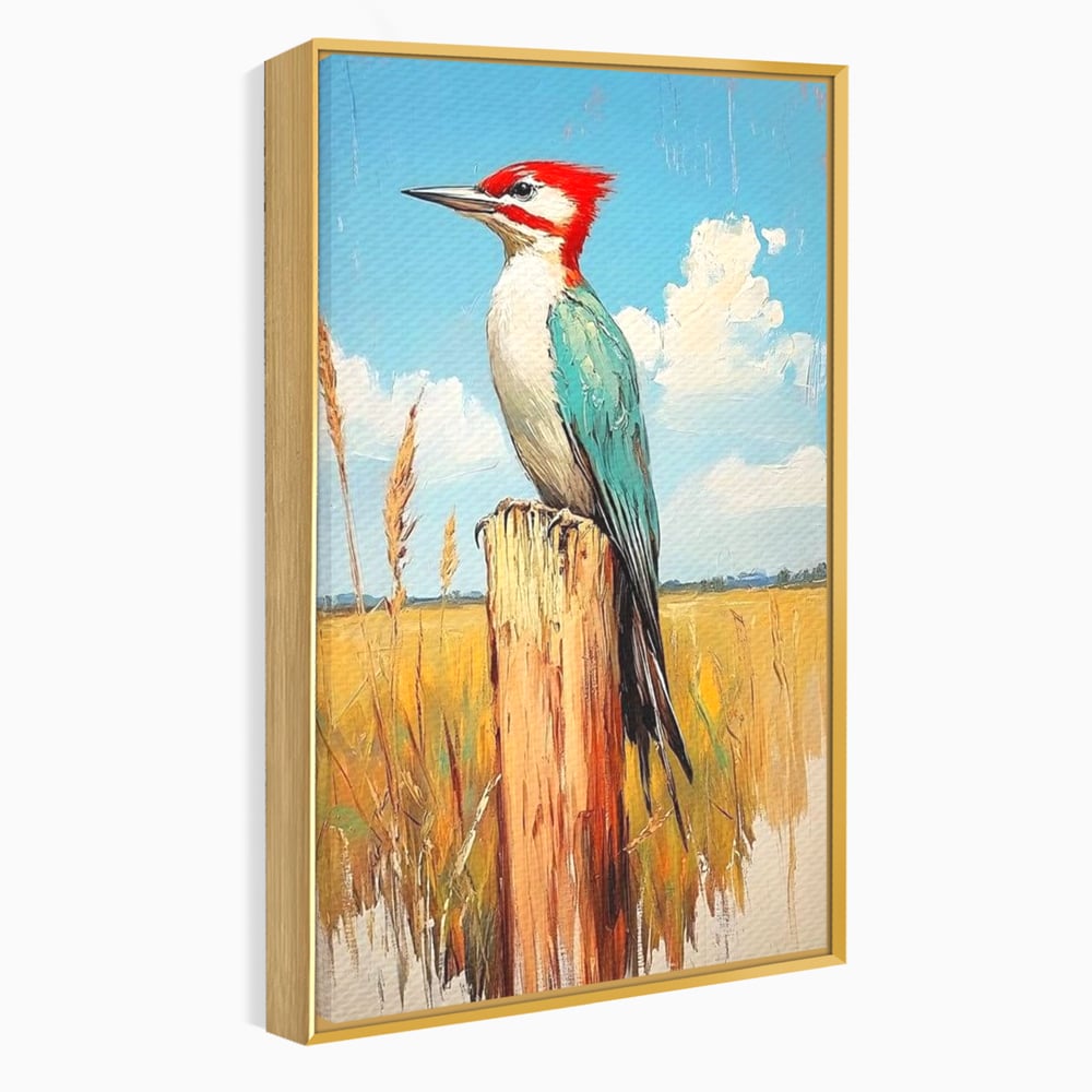 Tablou canvas cu tablou cu ciocanitoare pe un stalp, in rama de aluminiu auriu
