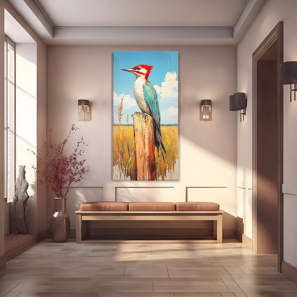 Tablou canvas cu tablou cu ciocanitoare pe un stalp, fara rama, pe sasiu de lemn