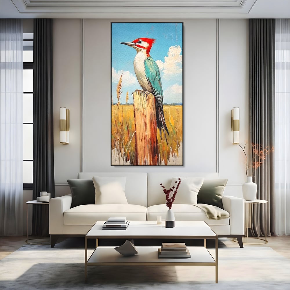 Tablou canvas cu tablou cu ciocanitoare pe un stalp, in rama de aluminiu negru, pe perete intr-un living
