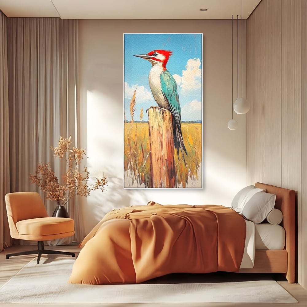 Tablou canvas cu tablou cu ciocanitoare pe un stalp, in rama de aluminiu argintiu, pe perete intr-un dormitor