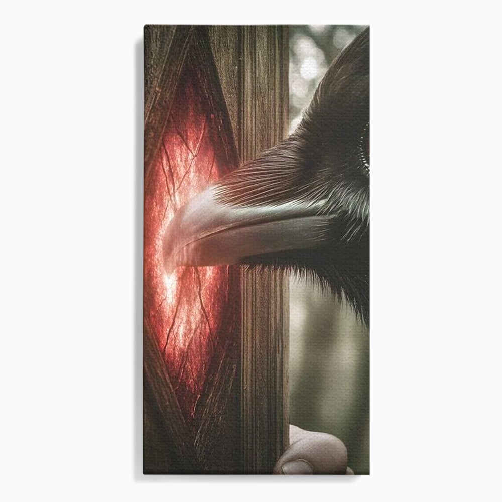Tablou canvas cu tablou canvas cu un corb si portal rosu, fara rama, pe sasiu de lemn