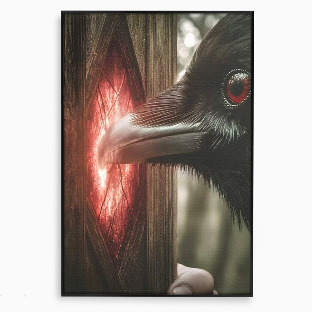 Tablou canvas cu tablou canvas cu un corb si portal rosu, in rama de aluminiu negru
