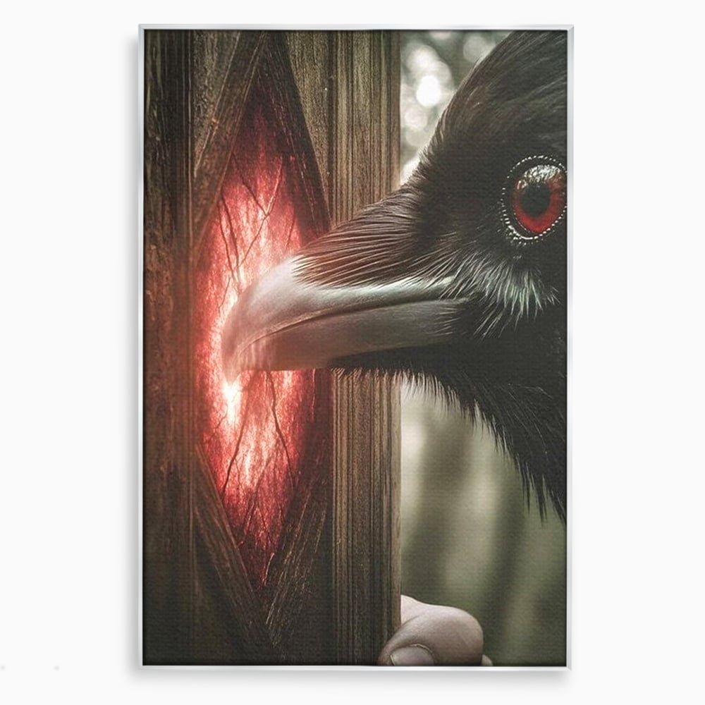 Tablou canvas cu tablou canvas cu un corb si portal rosu, in rama de aluminiu argintiu