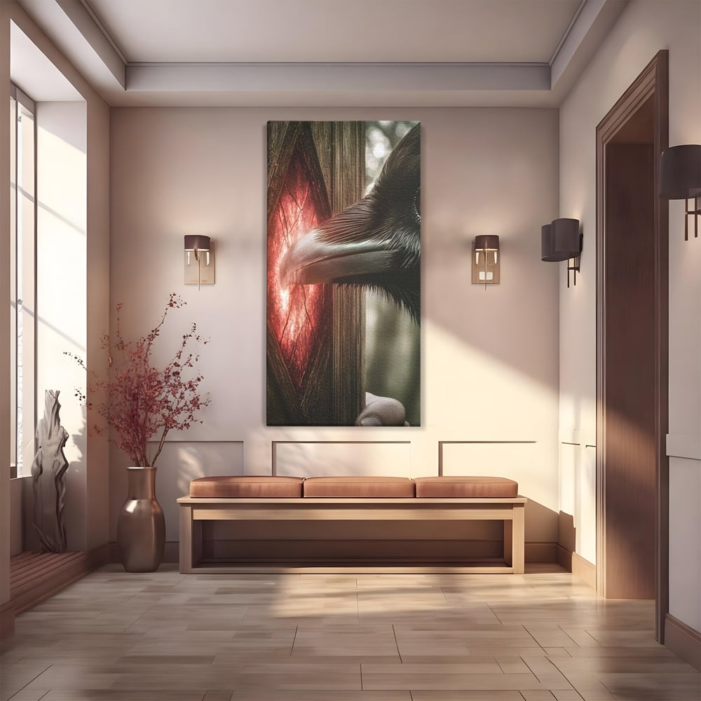 Tablou canvas cu tablou canvas cu un corb si portal rosu, fara rama, pe sasiu de lemn