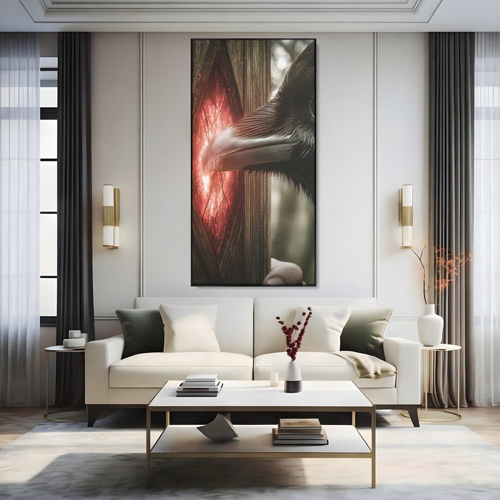 Tablou canvas cu tablou canvas cu un corb si portal rosu, in rama de aluminiu negru, pe perete intr-un living