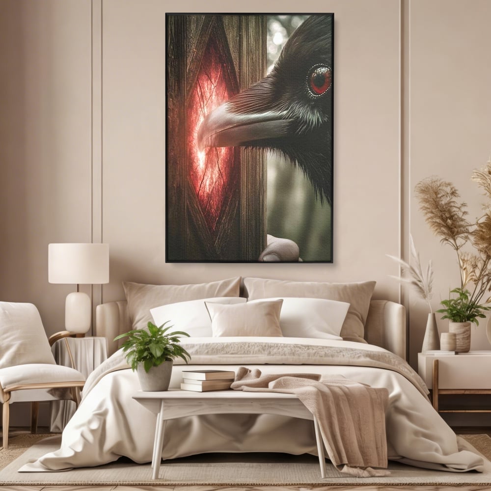 Tablou canvas cu tablou canvas cu un corb si portal rosu, in rama de aluminiu negru, pe perete intr-un dormitor