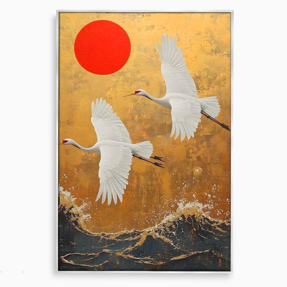 Tablou canvas cu tablou canvas cu doi cocori, in rama de aluminiu argintiu