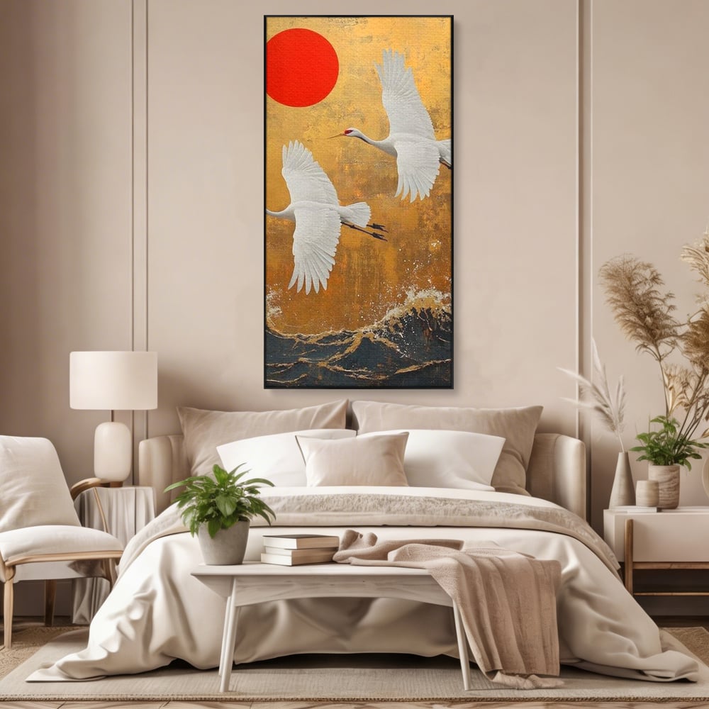 Tablou canvas cu tablou canvas cu doi cocori, in rama de aluminiu negru, pe perete intr-un dormitor