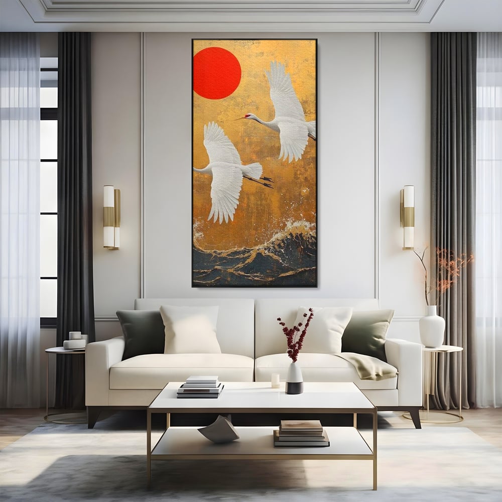 Tablou canvas cu tablou canvas cu doi cocori, in rama de aluminiu negru, pe perete intr-un living