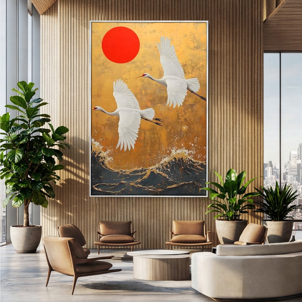 Tablou canvas cu tablou canvas cu doi cocori, in rama de aluminiu argintiu, pe perete intr-un birou