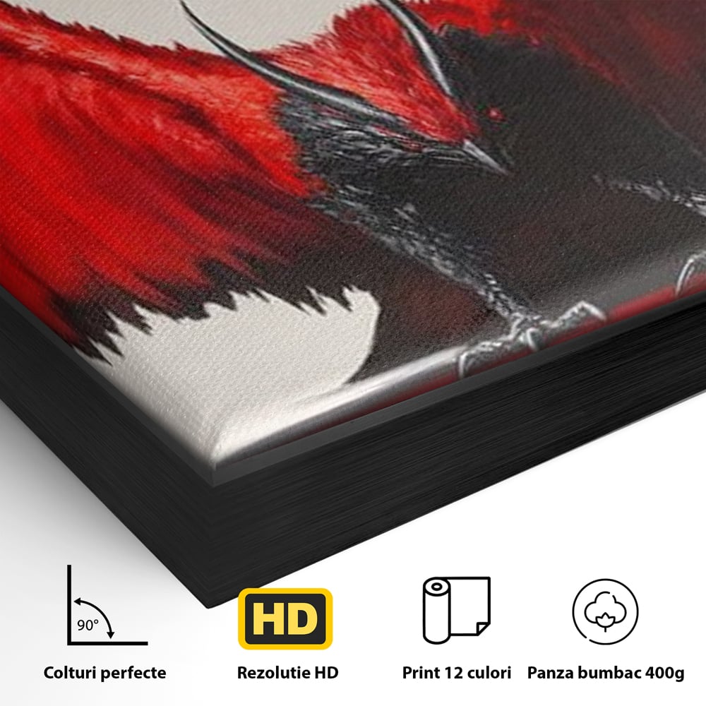 Detaliu al suprafetei: tablou canvas cu pasare fantastica rosu cu negru, in rama de aluminiu negru