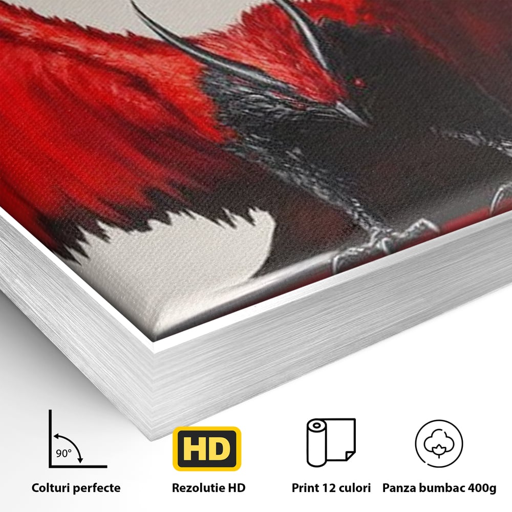 Detaliu al suprafetei: tablou canvas cu pasare fantastica rosu cu negru, in rama de aluminiu argintiu