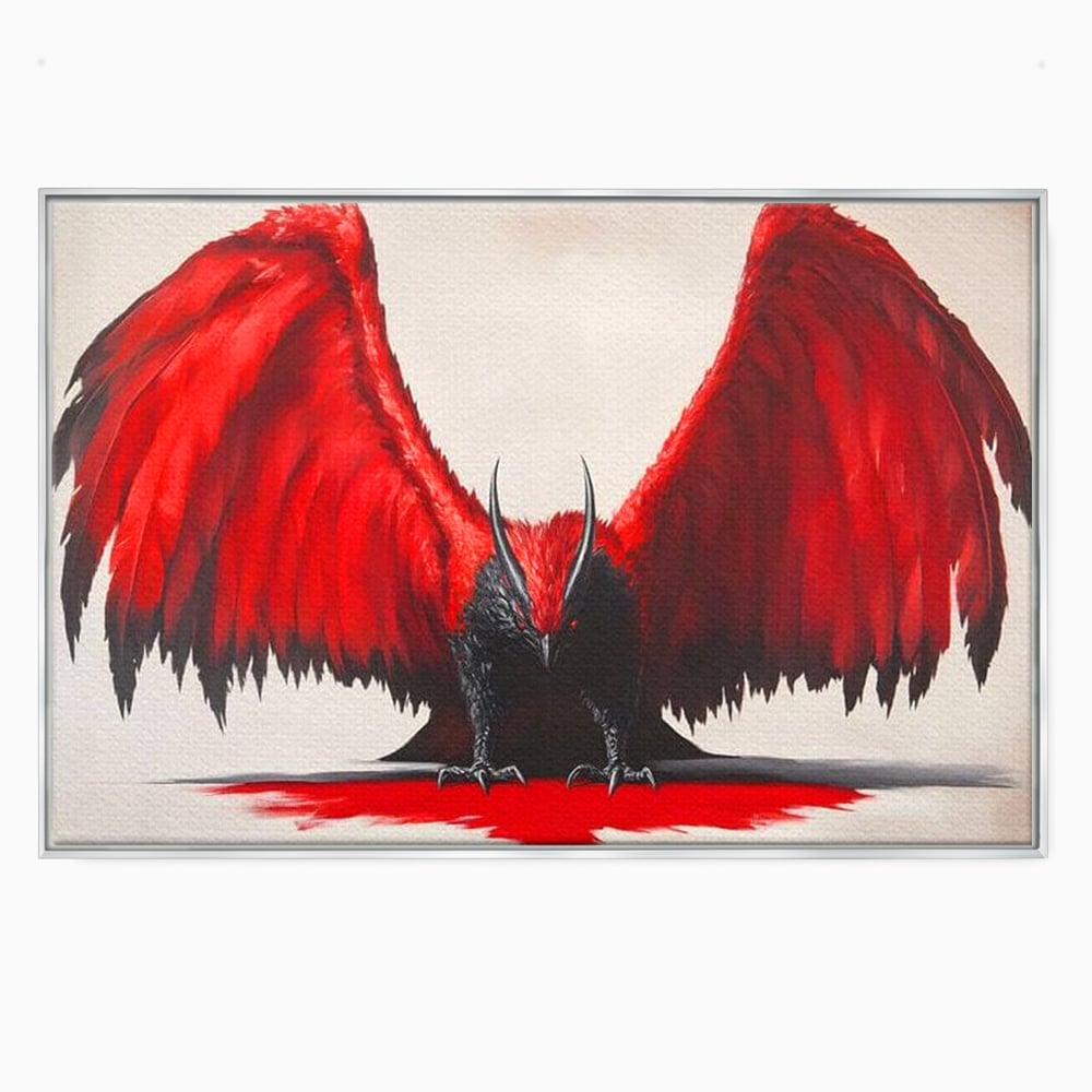 Tablou canvas cu tablou canvas cu pasare fantastica rosu cu negru, in rama de aluminiu argintiu