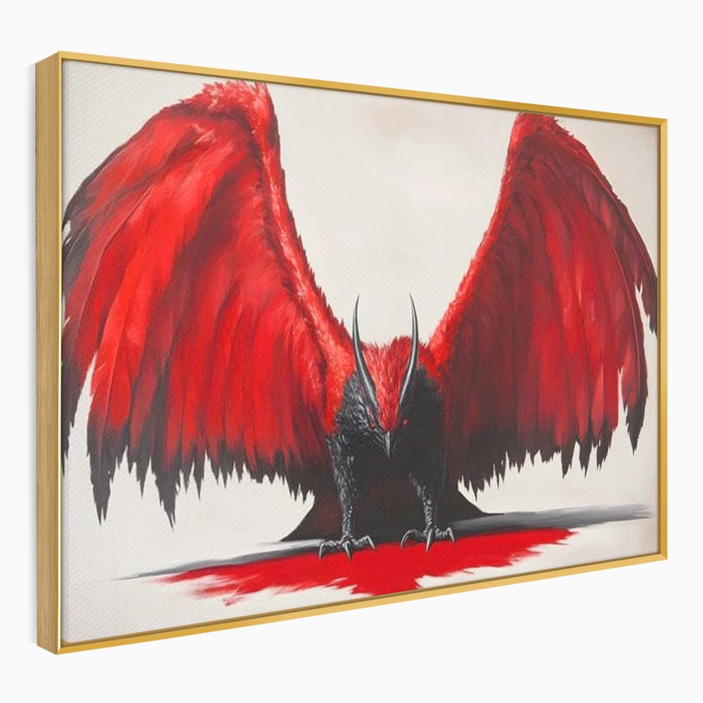 Tablou canvas cu tablou canvas cu pasare fantastica rosu cu negru, in rama de aluminiu auriu