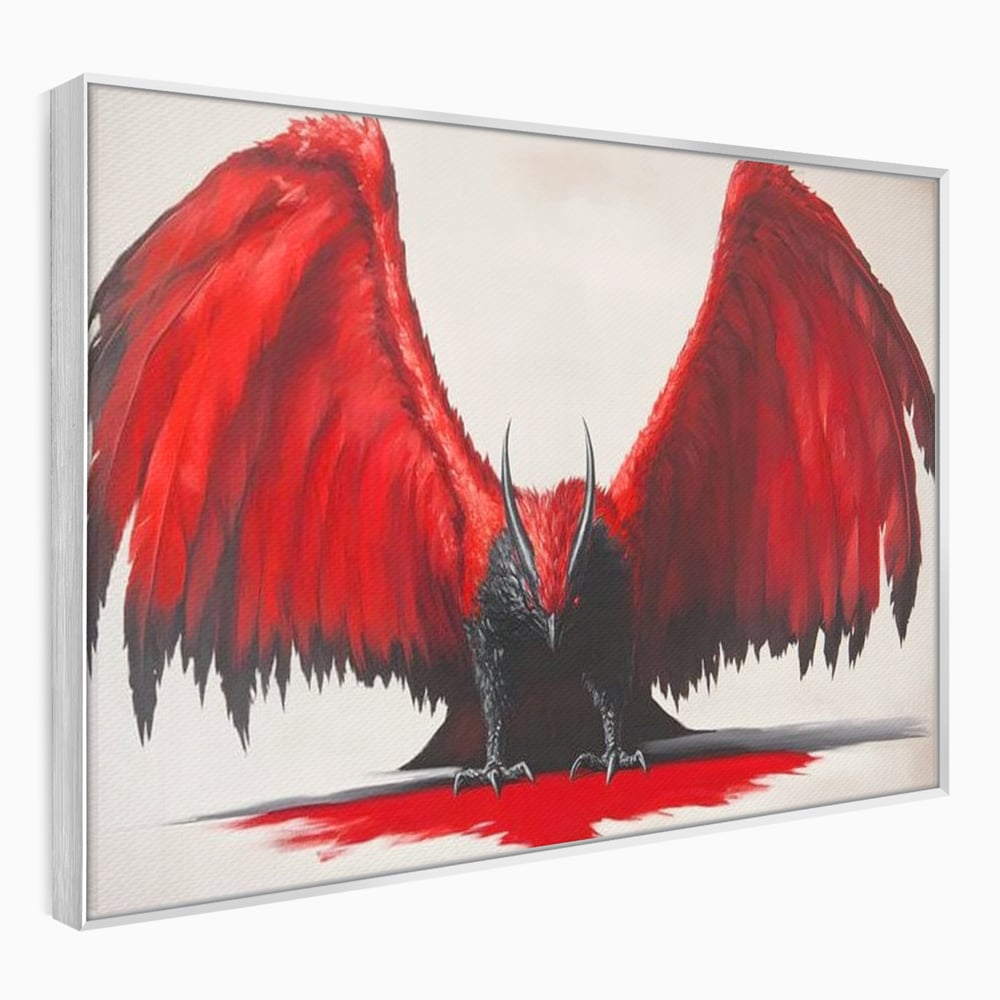Tablou canvas cu tablou canvas cu pasare fantastica rosu cu negru, in rama de aluminiu argintiu
