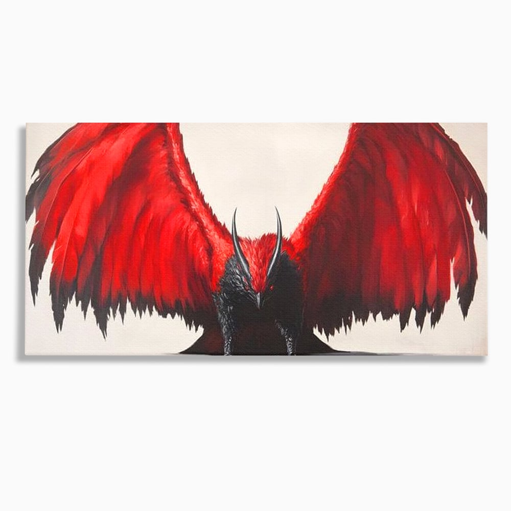 Tablou canvas cu tablou canvas cu pasare fantastica rosu cu negru, fara rama, pe sasiu de lemn