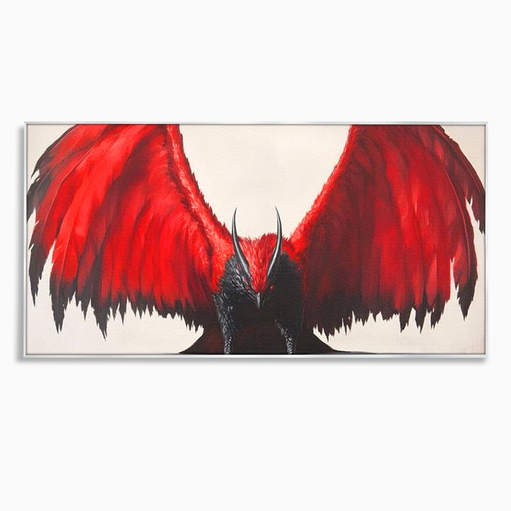 Tablou canvas cu tablou canvas cu pasare fantastica rosu cu negru, in rama de aluminiu argintiu