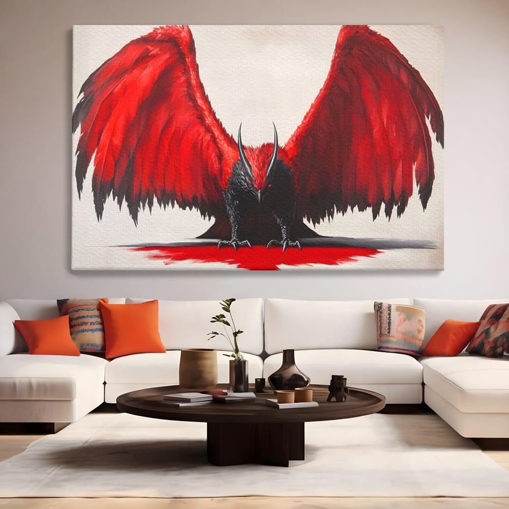 Tablou canvas cu tablou canvas cu pasare fantastica rosu cu negru, fara rama, pe sasiu de lemn, pe perete intr-un living