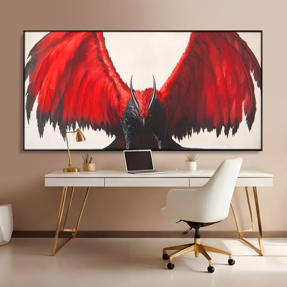 Tablou canvas cu tablou canvas cu pasare fantastica rosu cu negru, in rama de aluminiu negru, pe perete intr-un birou