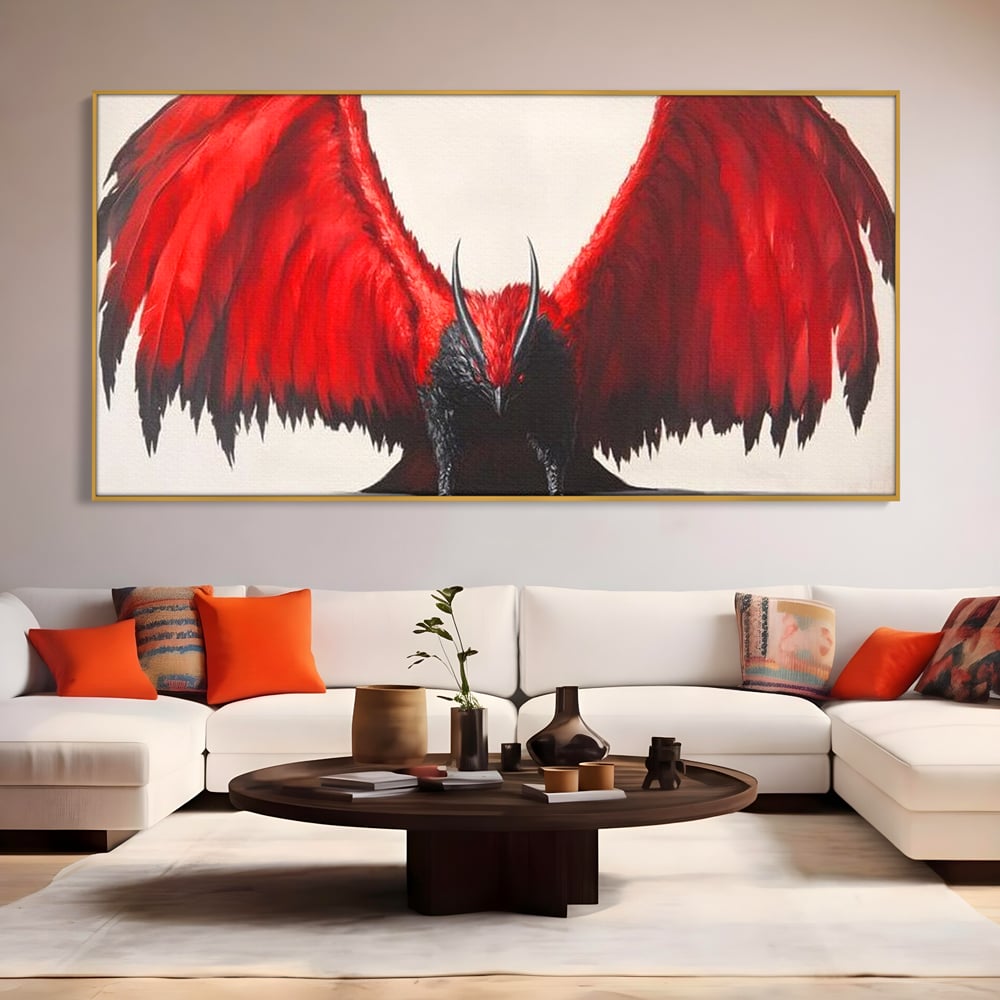 Tablou canvas cu tablou canvas cu pasare fantastica rosu cu negru, in rama de aluminiu auriu, pe perete intr-un living