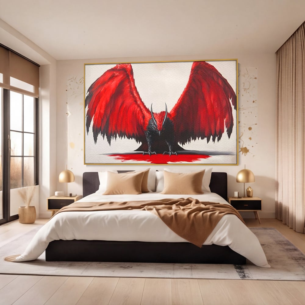 Tablou canvas cu tablou canvas cu pasare fantastica rosu cu negru, in rama de aluminiu auriu, pe perete intr-un dormitor