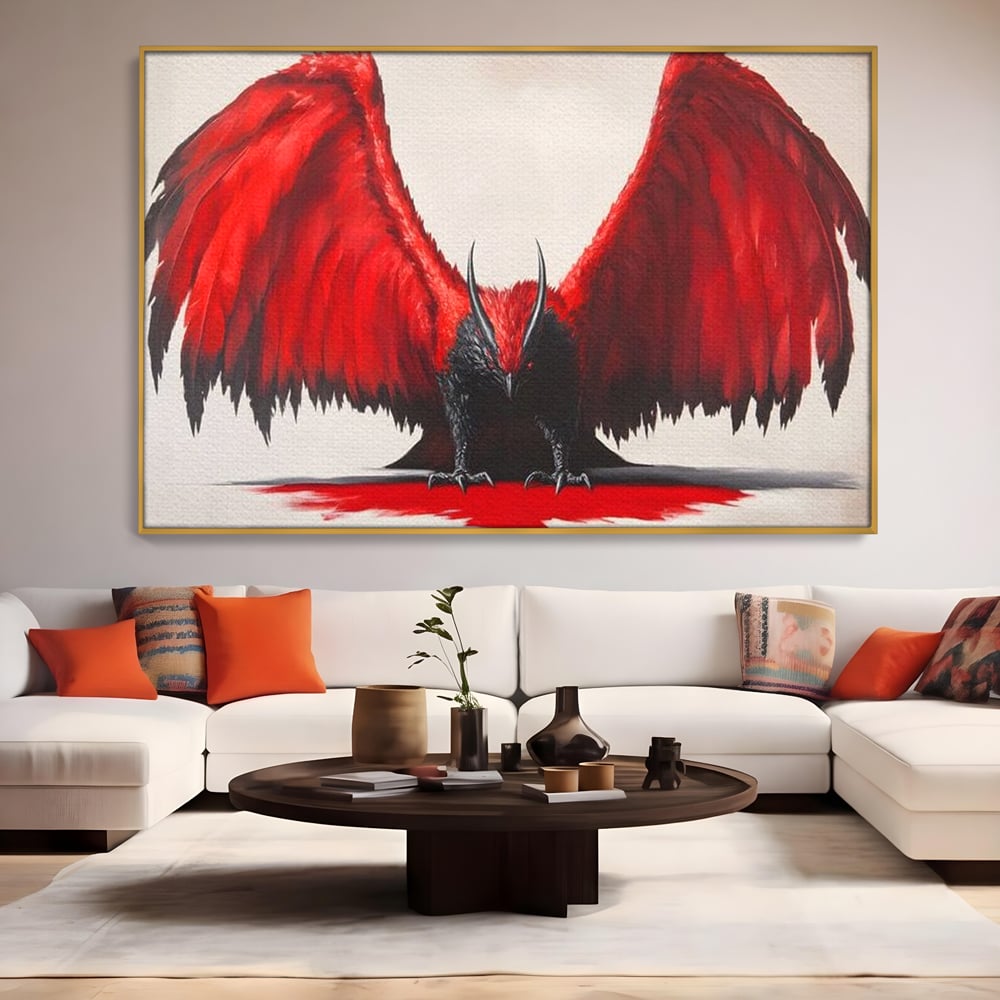 Tablou canvas cu tablou canvas cu pasare fantastica rosu cu negru, in rama de aluminiu auriu, pe perete intr-un living