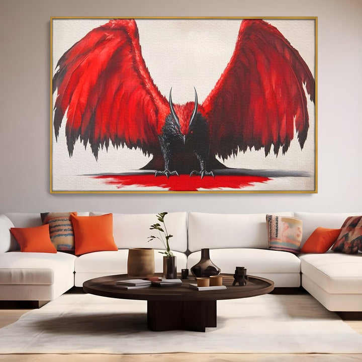 Tablou canvas cu tablou canvas cu pasare fantastica rosu cu negru, in rama de aluminiu auriu, pe perete intr-un living