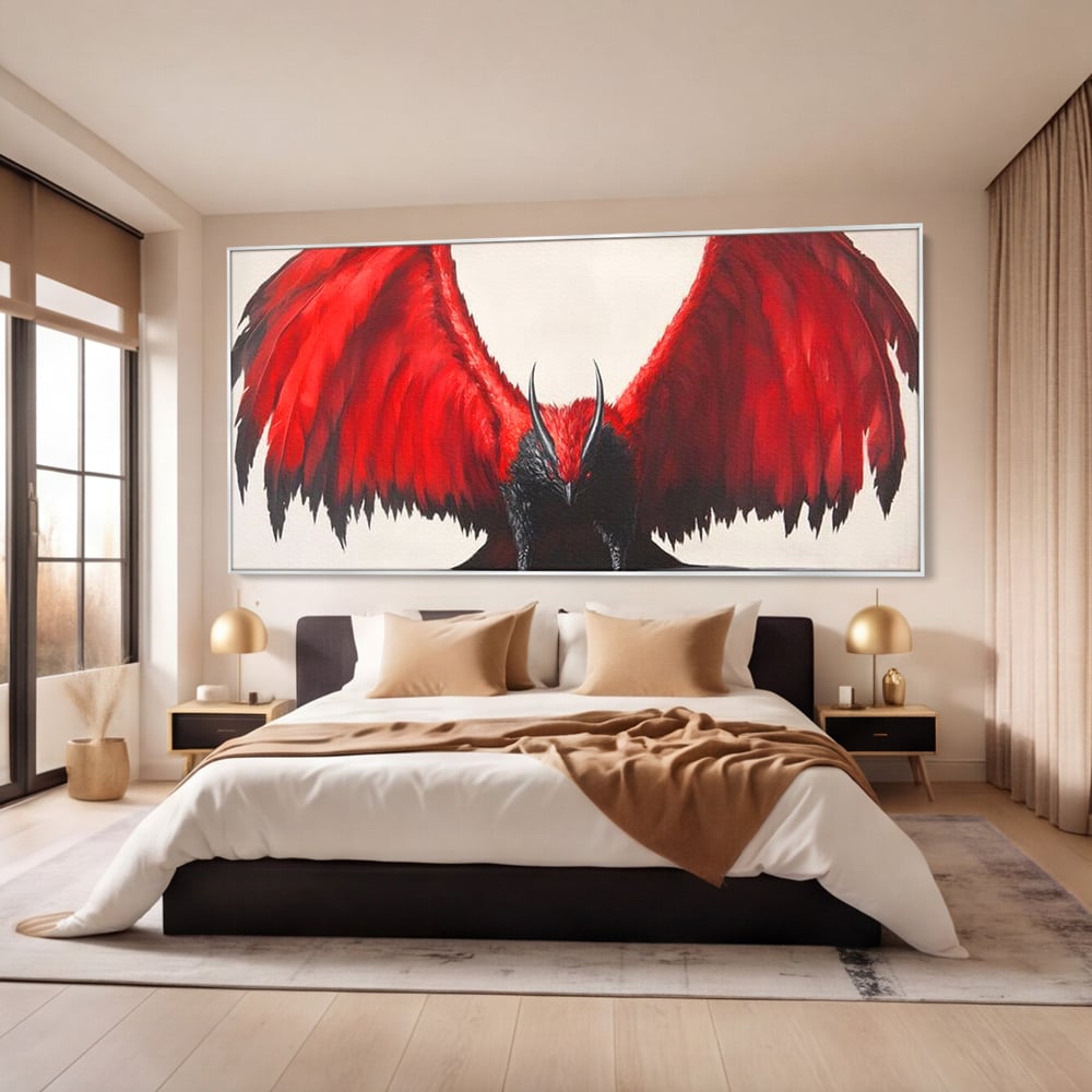 Tablou canvas cu tablou canvas cu pasare fantastica rosu cu negru, in rama de aluminiu argintiu, pe perete intr-un dormitor
