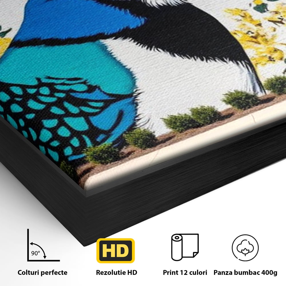 Detaliu al suprafetei: tablou canvas cu o pasare murala si flori galbene, in rama de aluminiu negru