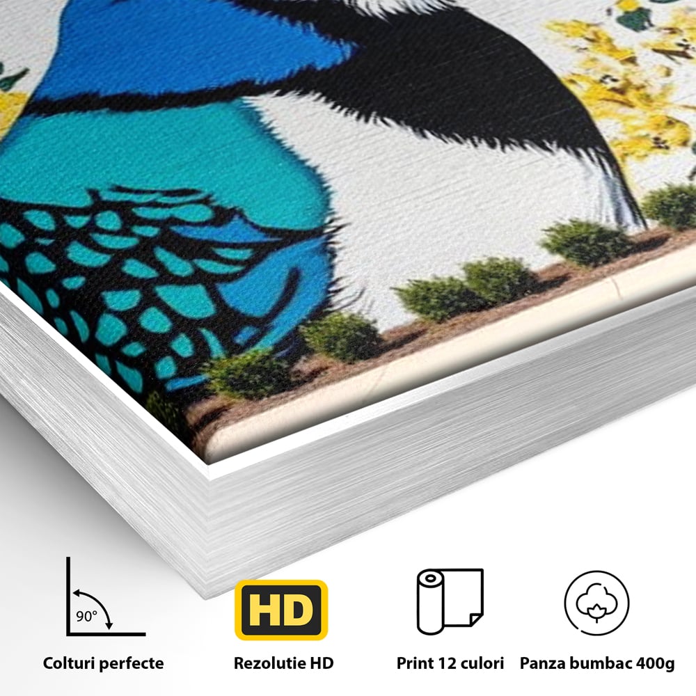 Detaliu al suprafetei: tablou canvas cu o pasare murala si flori galbene, in rama de aluminiu argintiu