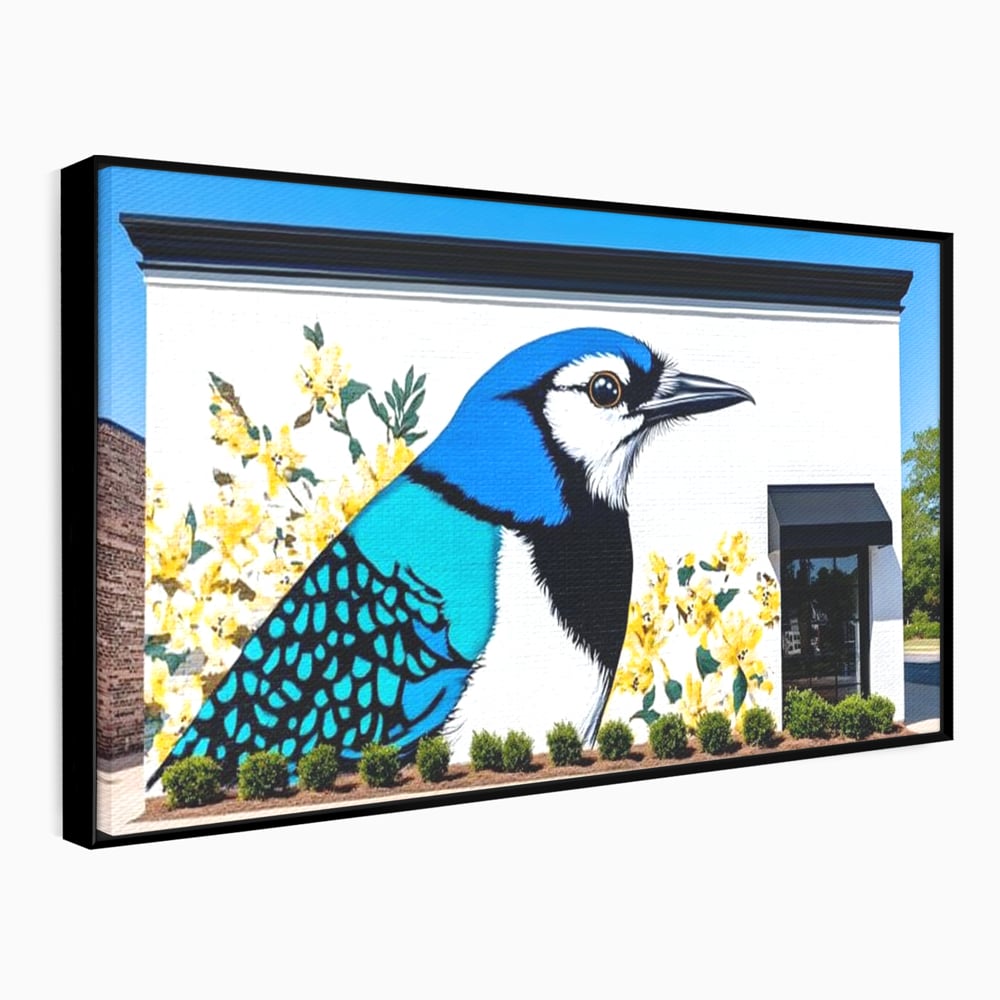 Tablou canvas cu tablou canvas cu o pasare murala si flori galbene, in rama de aluminiu negru