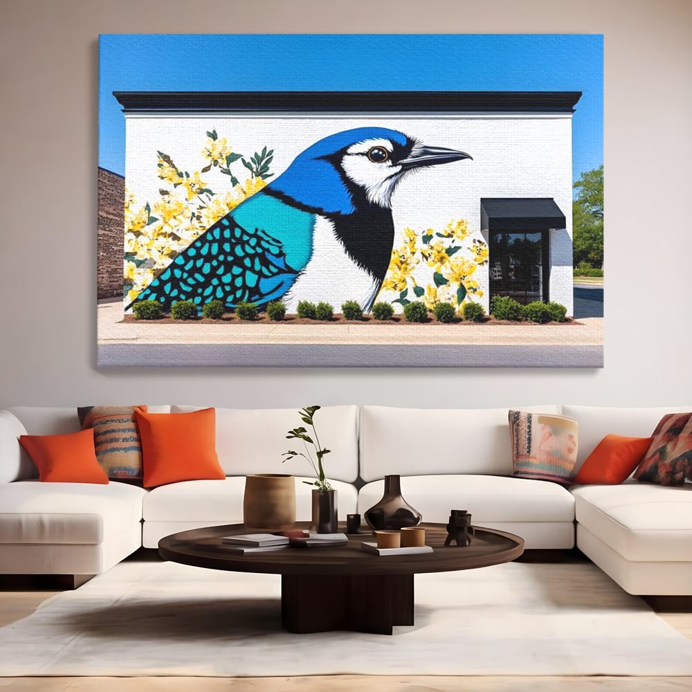 Tablou canvas cu tablou canvas cu o pasare murala si flori galbene, fara rama, pe sasiu de lemn, pe perete intr-un living