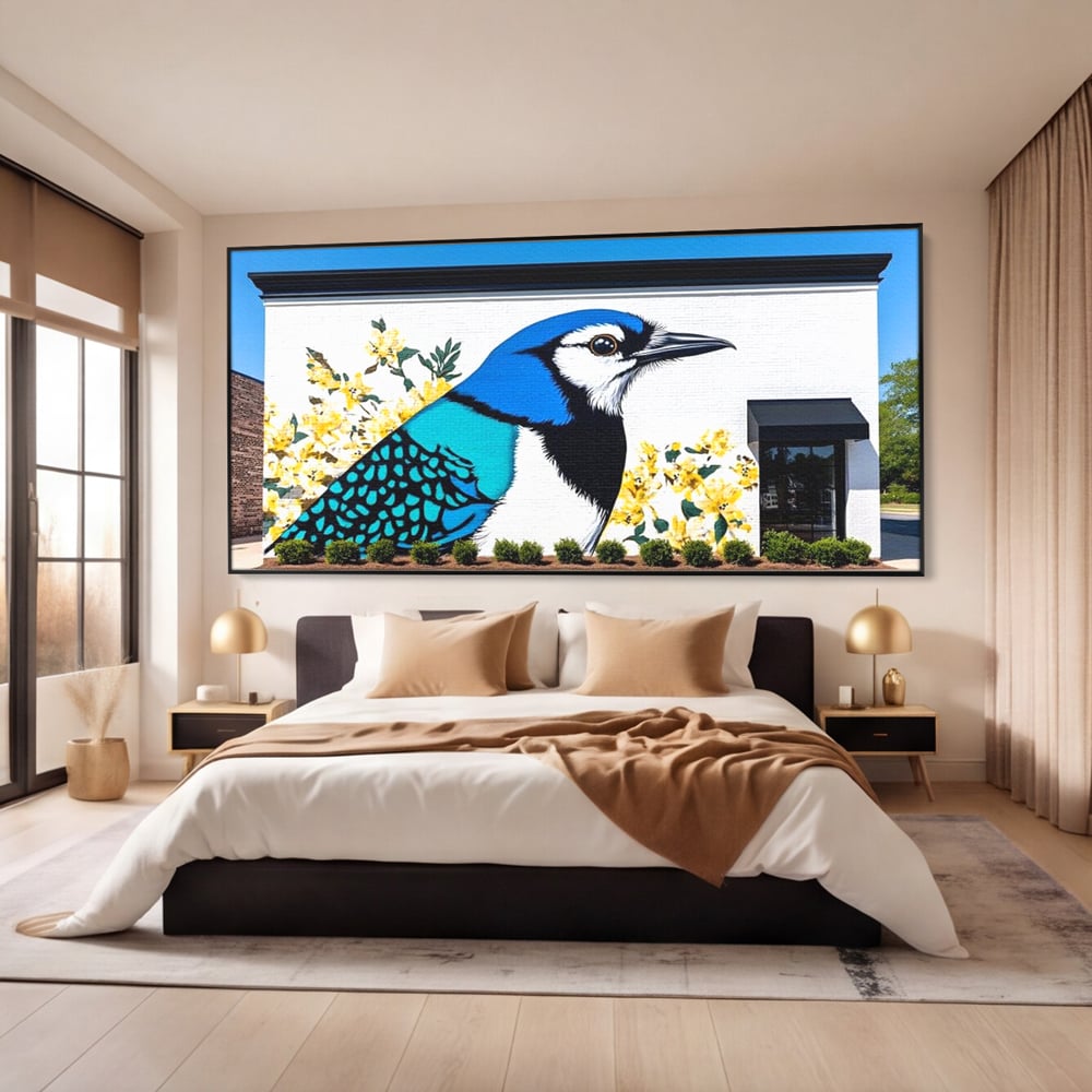 Tablou canvas cu tablou canvas cu o pasare murala si flori galbene, in rama de aluminiu negru, pe perete intr-un dormitor