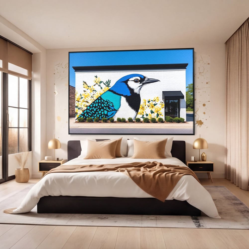 Tablou canvas cu tablou canvas cu o pasare murala si flori galbene, in rama de aluminiu negru, pe perete intr-un dormitor